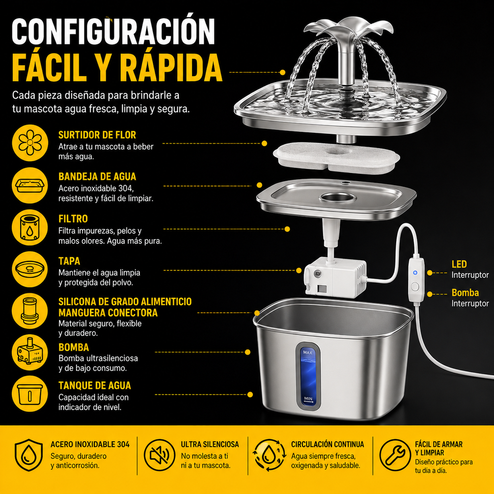 Fuente de Agua de Acero Inoxidable para Mascota